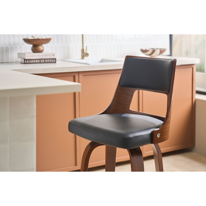 Tabouret de bar vintage pivotant noir et bois foncé GARBO
