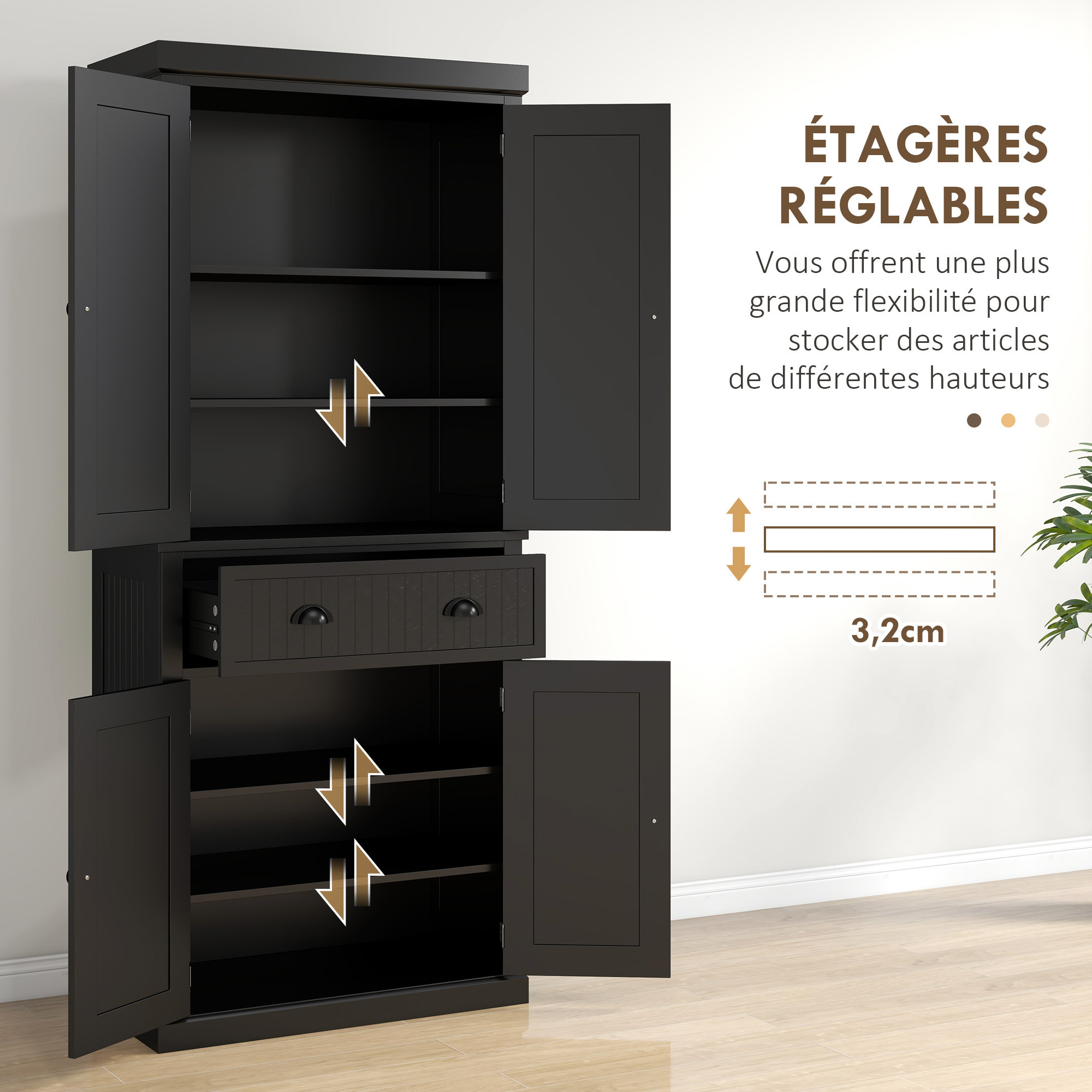 Buffet haut multi-rangement - 4 portes, grand tiroir - dim. 76L x 40l x 183H cm - panneaux MDF noir
