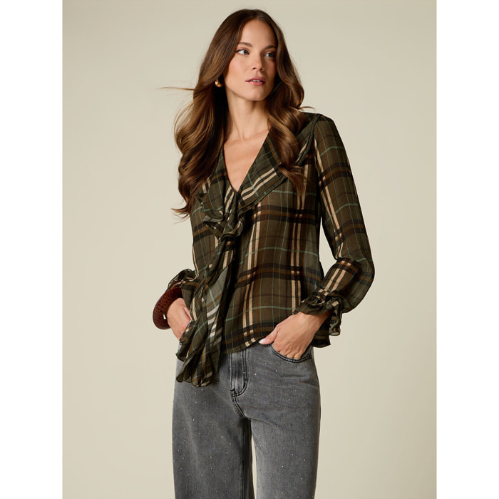 Oltre - Blusa in viscosa check con volant - Verde militare