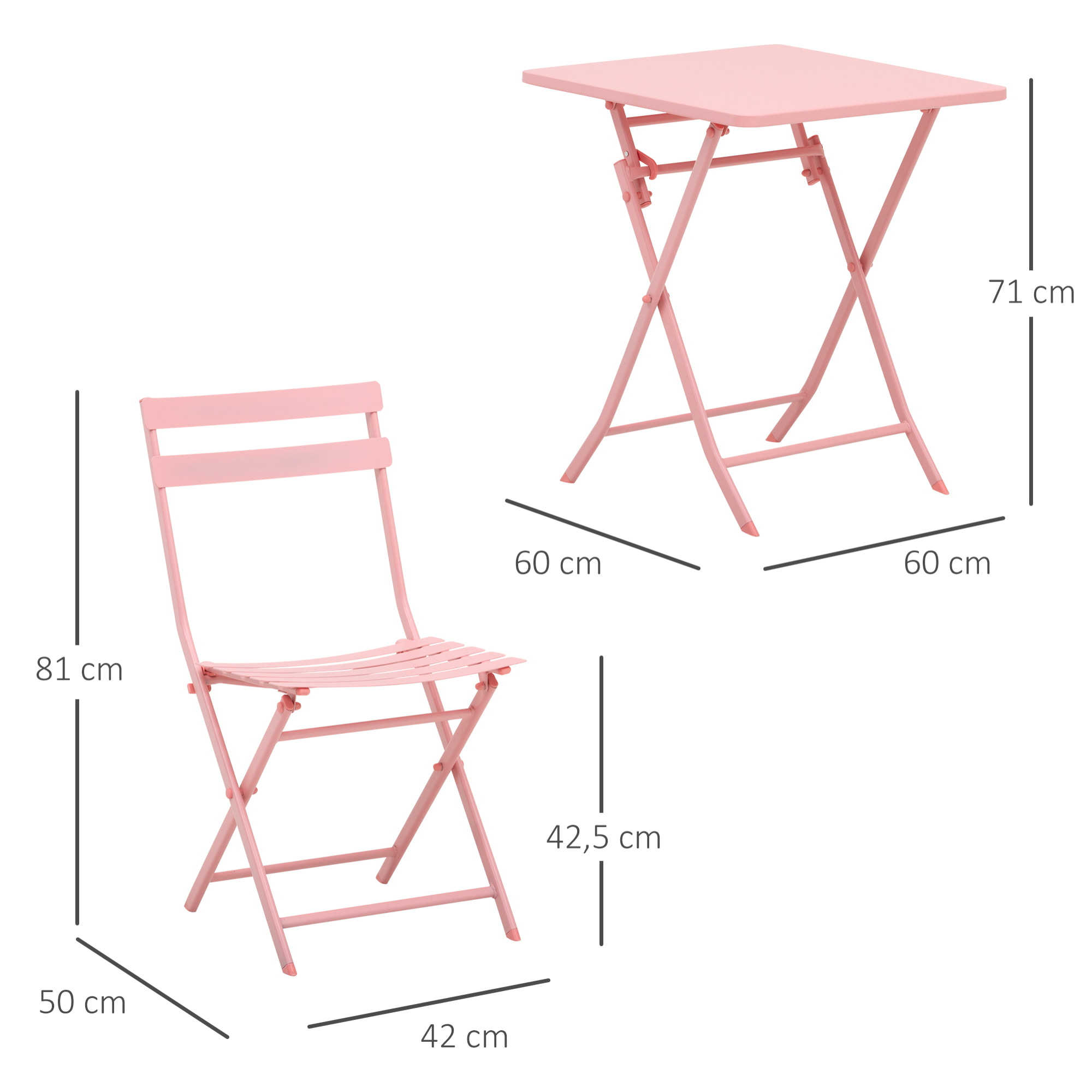 Salon de jardin bistro pliable - table carrée dim. 60L x 60l x 71H cm avec 2 chaises - métal thermolaqué rose