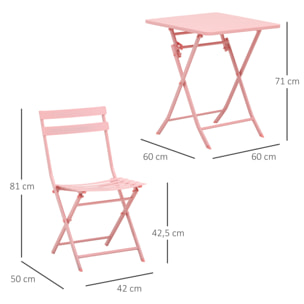 Salon de jardin bistro pliable - table carrée dim. 60L x 60l x 71H cm avec 2 chaises - métal thermolaqué rose