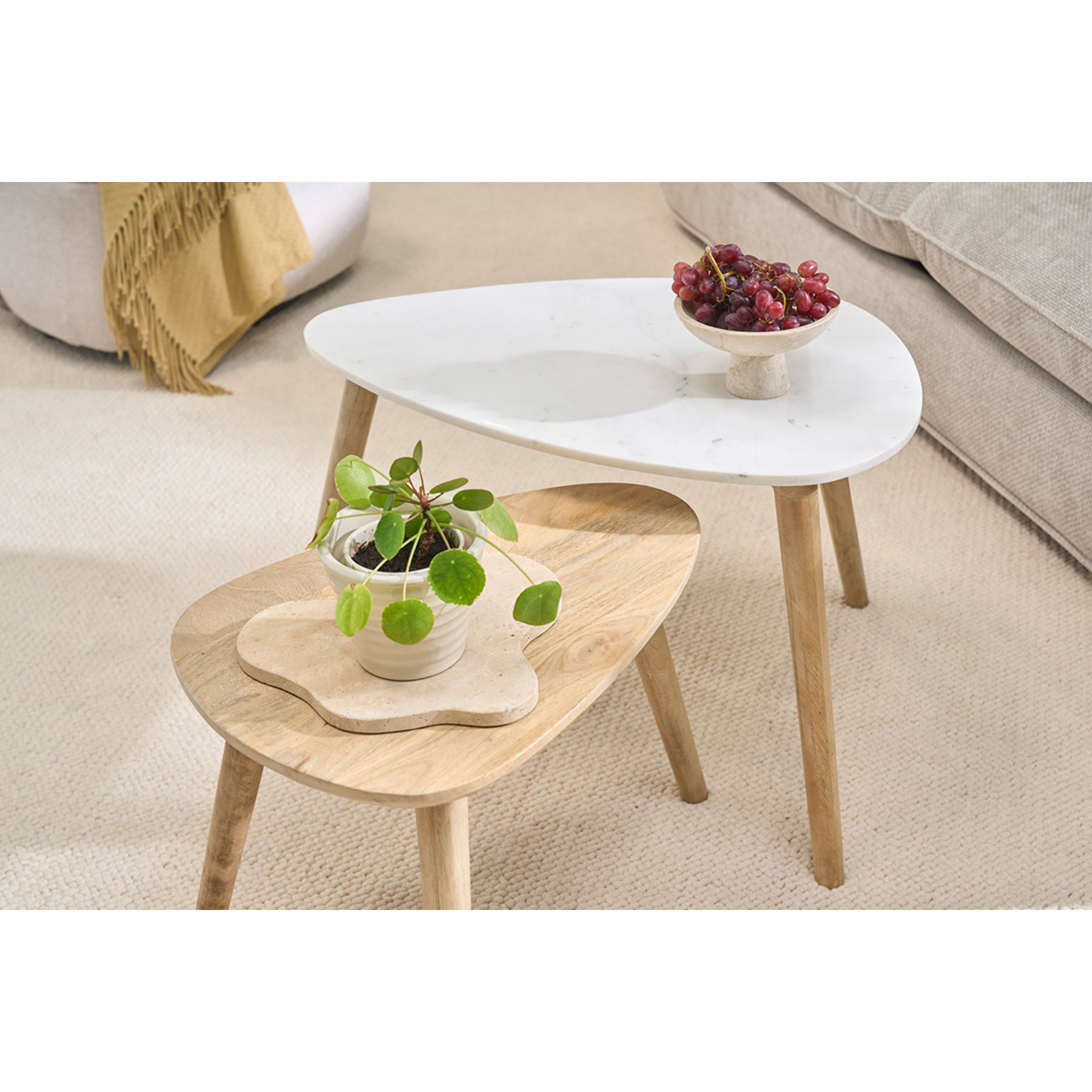 Tables basses gigognes marbre blanc et bois manguier massif (lot de 2) EVY