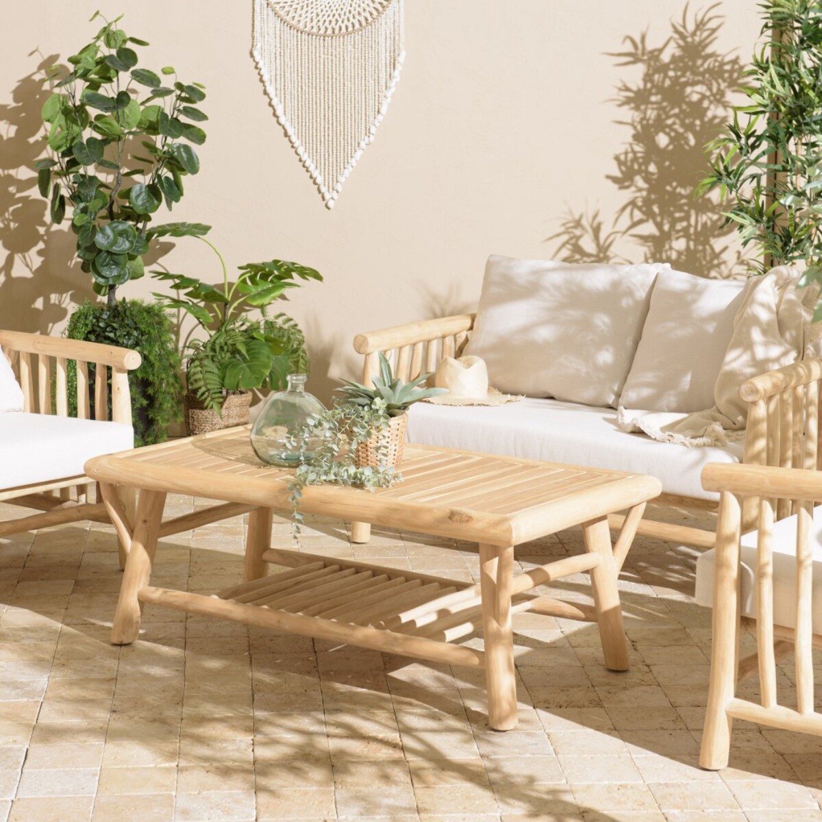 WILL - Table basse rect. en branches de bois de teck double plateau