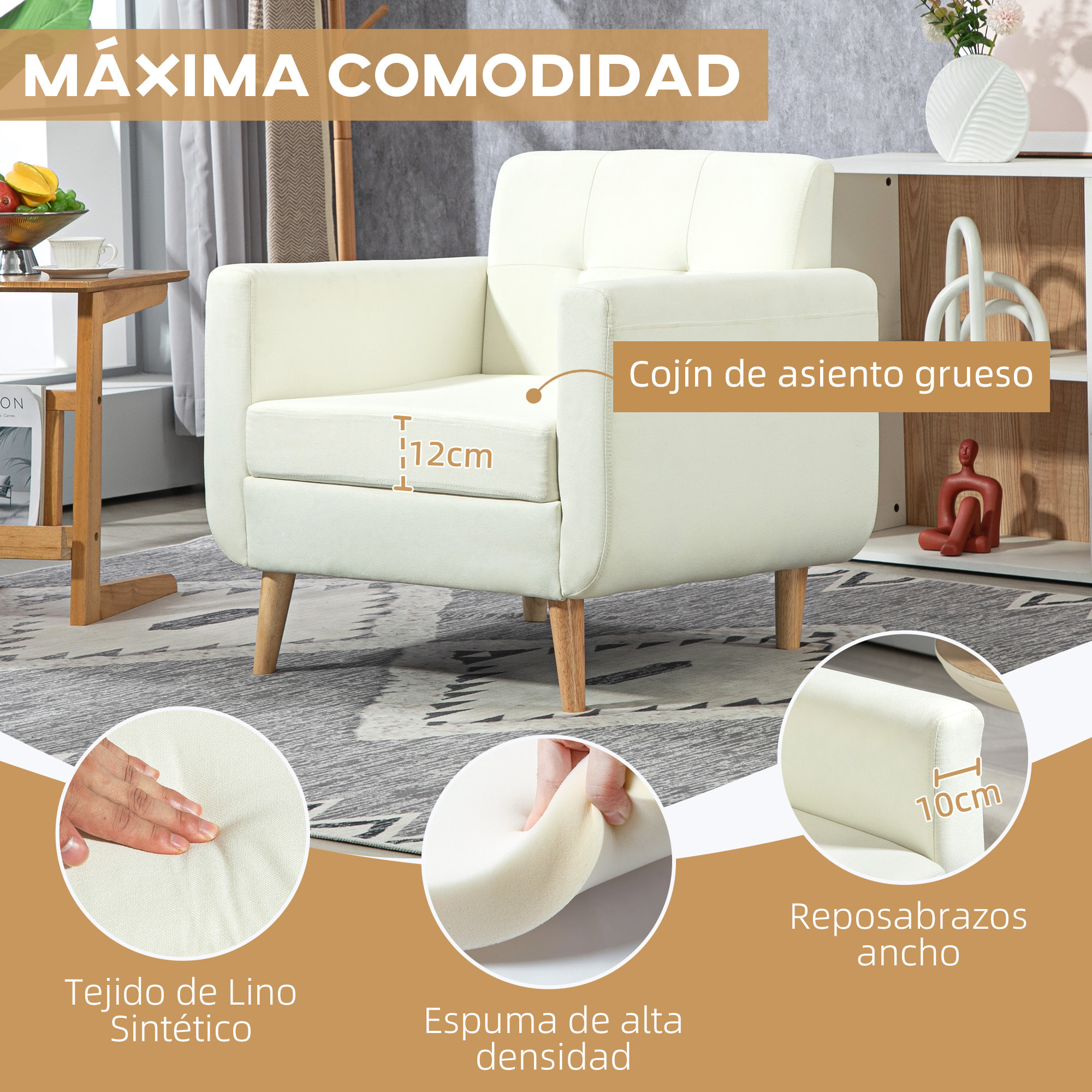 Sillón de Salón Moderno Butaca para Dormitorio con Reposabrazos y Patas de Madera Sofá Individual Carga 125 kg para Oficina Sala de Estar Crema