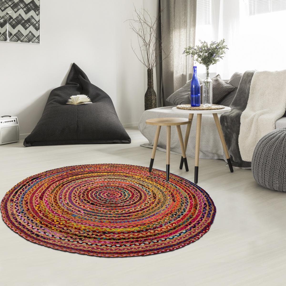 Tapis rond fait à la main en tissu recyclé motif ethnique DECU