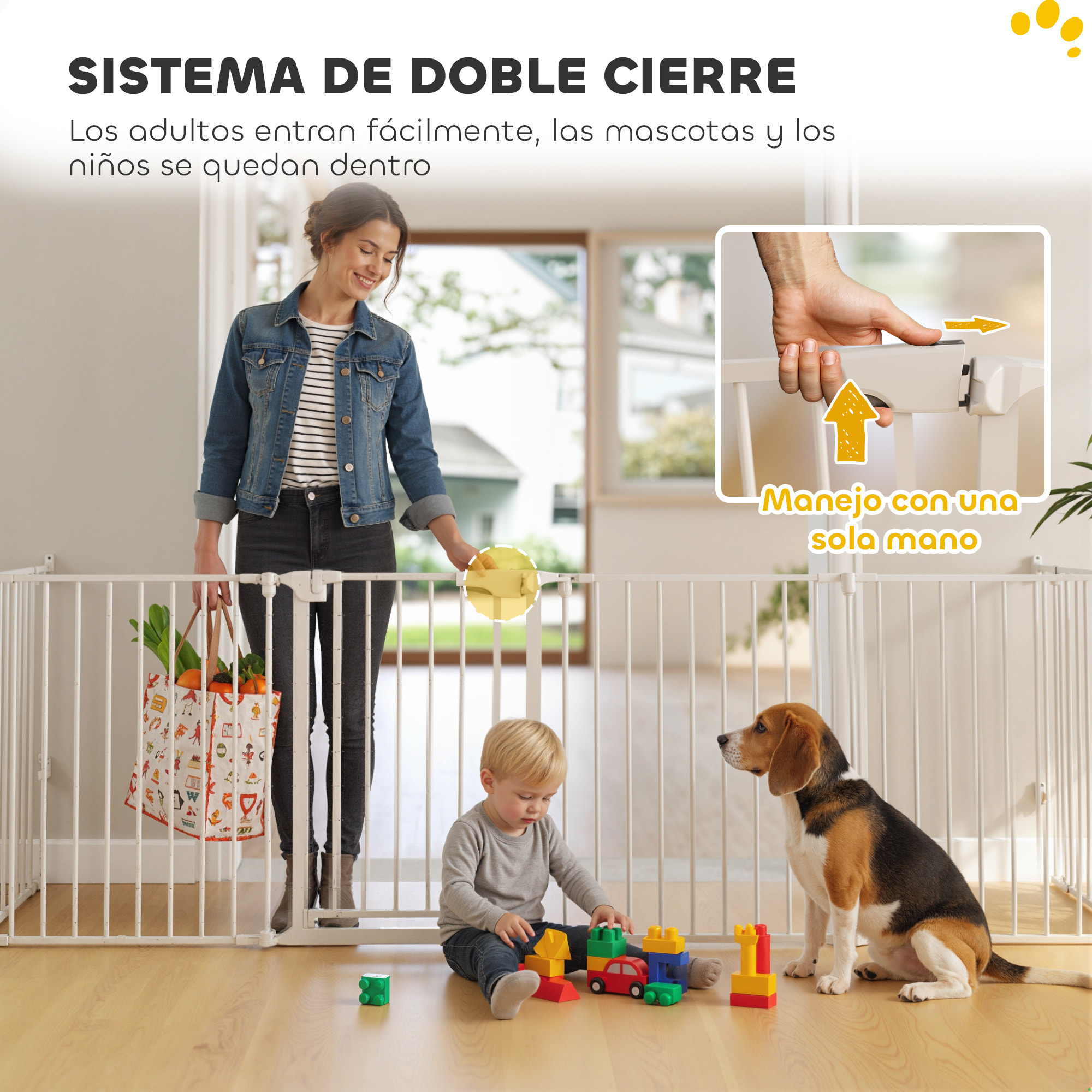 Barrera para Perros Plegable, 366x75 cm, Valla para Mascotas de 6 Paneles, Puerta con Cierre Doble, Barrera de Seguridad para Niños, Perros Pequeños y Medianos, para Escalera, Pasillo, Blanco