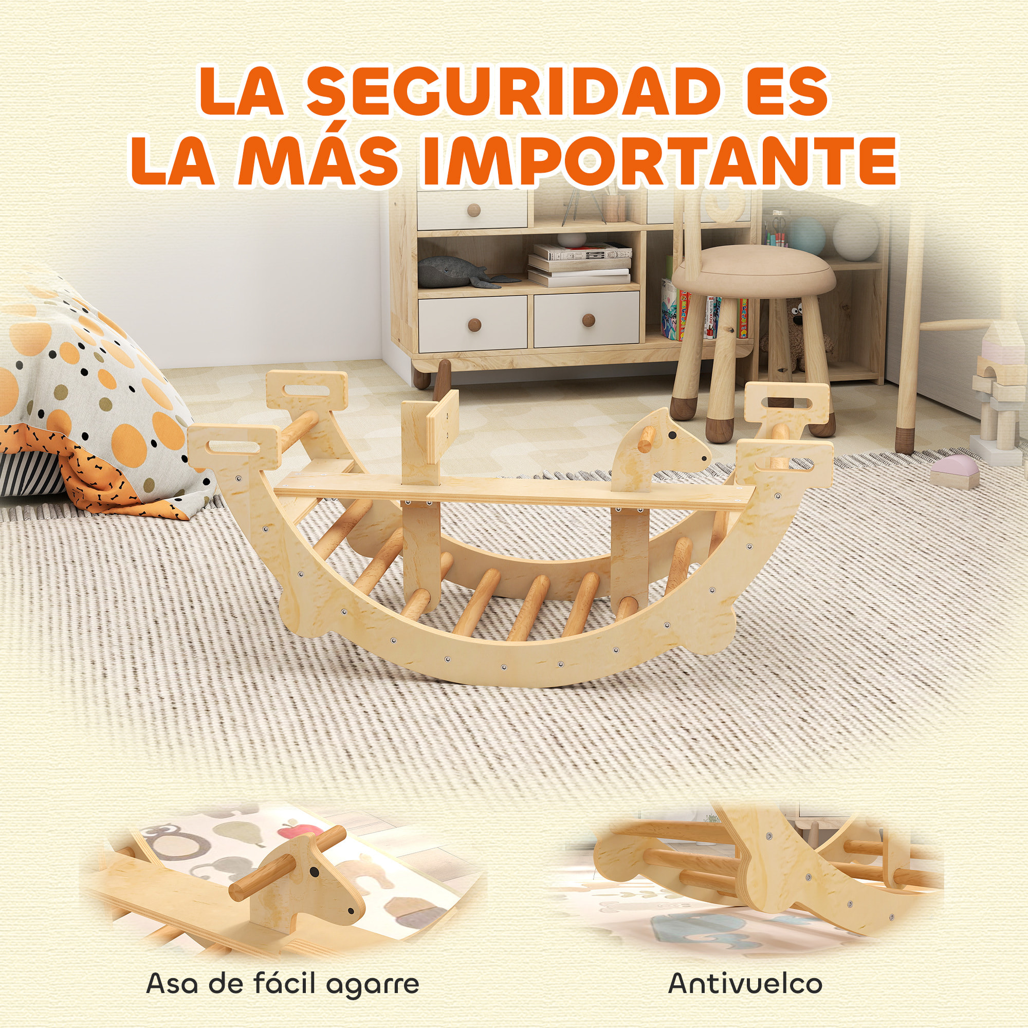 2 en 1 Arco de Escalada de Madera y Caballito Balancín, Estructura de Escalada Montessori, Juguetes Educativo de Interior para Niños de 2-4 Años, Natural