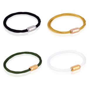 Pack de 4 pulseras multihebra entrelazadas de hilo de nylon verde, negro, dorado y blanco con cierre magnético de cobre.