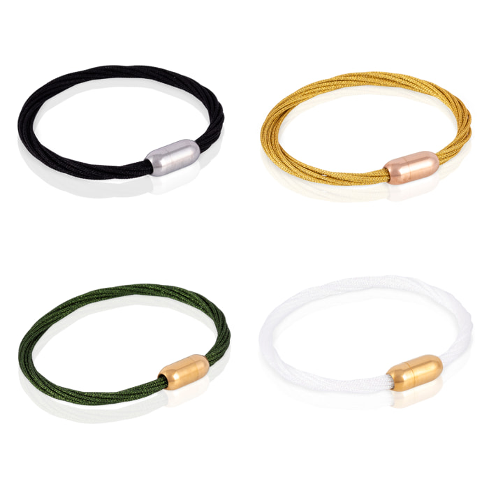 Pack de 4 pulseras multihebra entrelazadas de hilo de nylon verde, negro, dorado y blanco con cierre magnético de cobre.