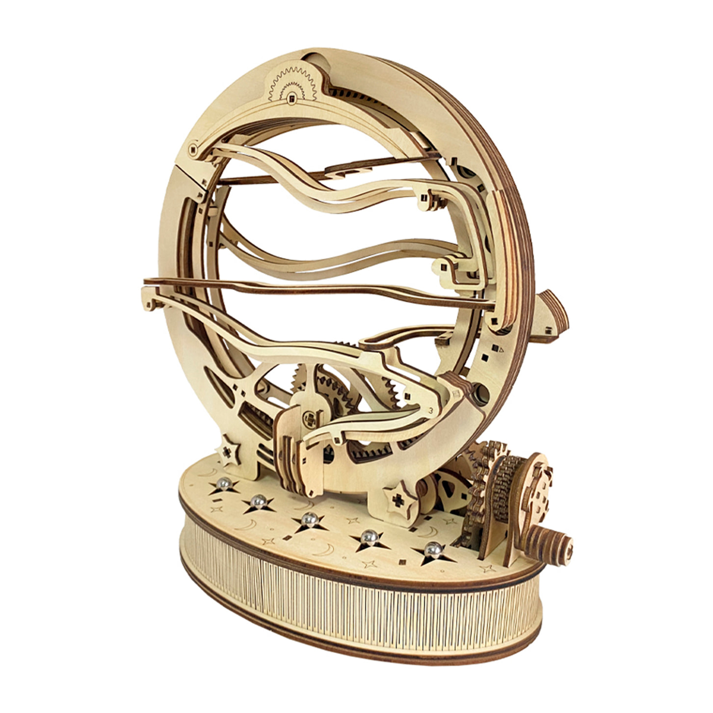 Modello in Legno 3D, con movimento meccanico design di Girabola Orbitale Meccanico con Manovella. 236 pezzi.