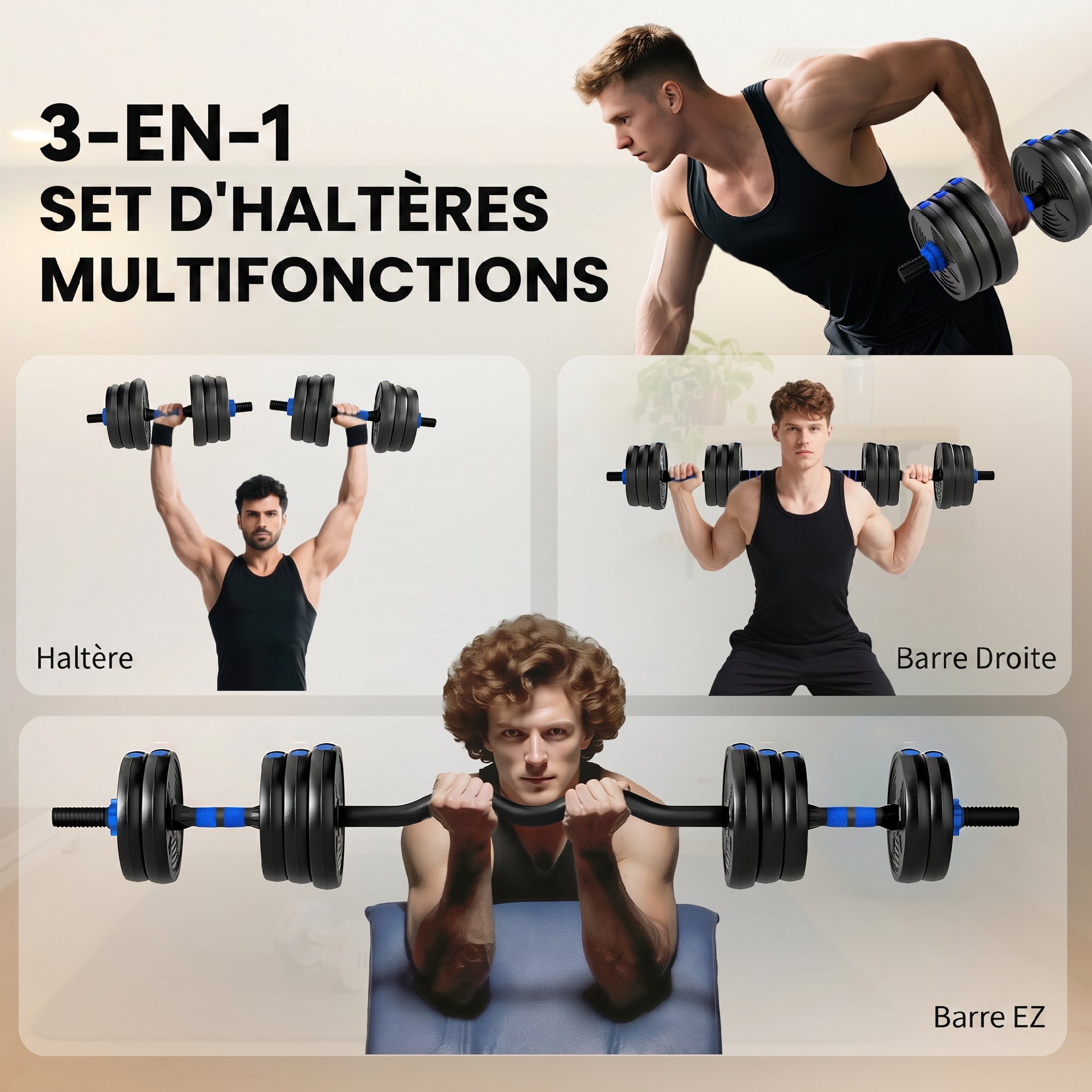 Ensemble d'haltères musculation multifonction 3 en 1 - haltères, Olympic barre, Curl EZ barre - total 25Kg - PVC bleu noir