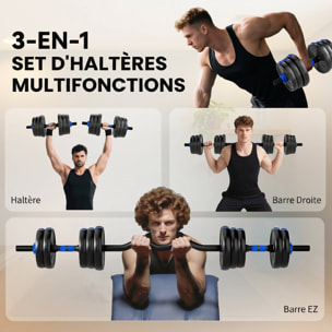 Ensemble d'haltères musculation multifonction 3 en 1 - haltères, Olympic barre, Curl EZ barre - total 25Kg - PVC bleu noir