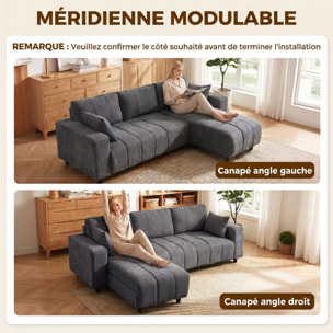 Canapé d'angle réversible 3 places design look matelassé 2 coussins déco tissu toucher lin gris