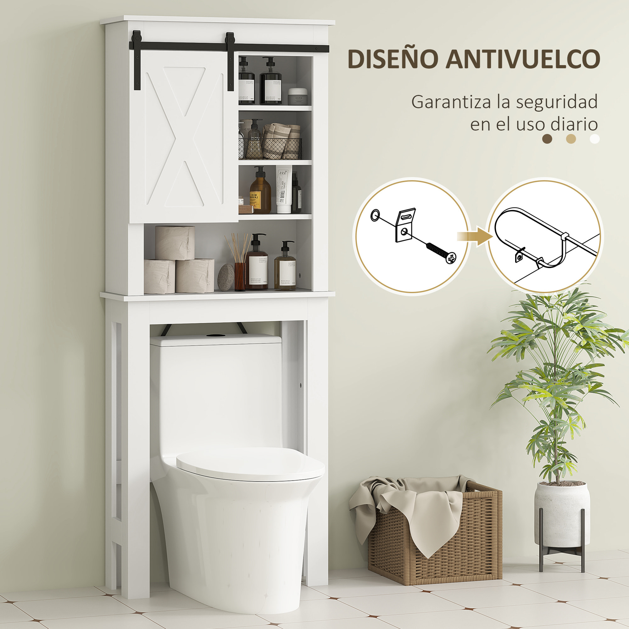 Mueble sobre Inodoro Armario sobre Inodoro con Puerta Corredera de Granero y 6 Compartimentos Mueble de Baño Rústico 67x25x172 cm Blanco