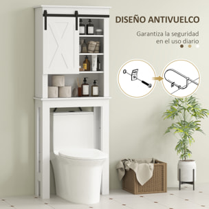 Mueble sobre Inodoro Armario sobre Inodoro con Puerta Corredera de Granero y 6 Compartimentos Mueble de Baño Rústico 67x25x172 cm Blanco