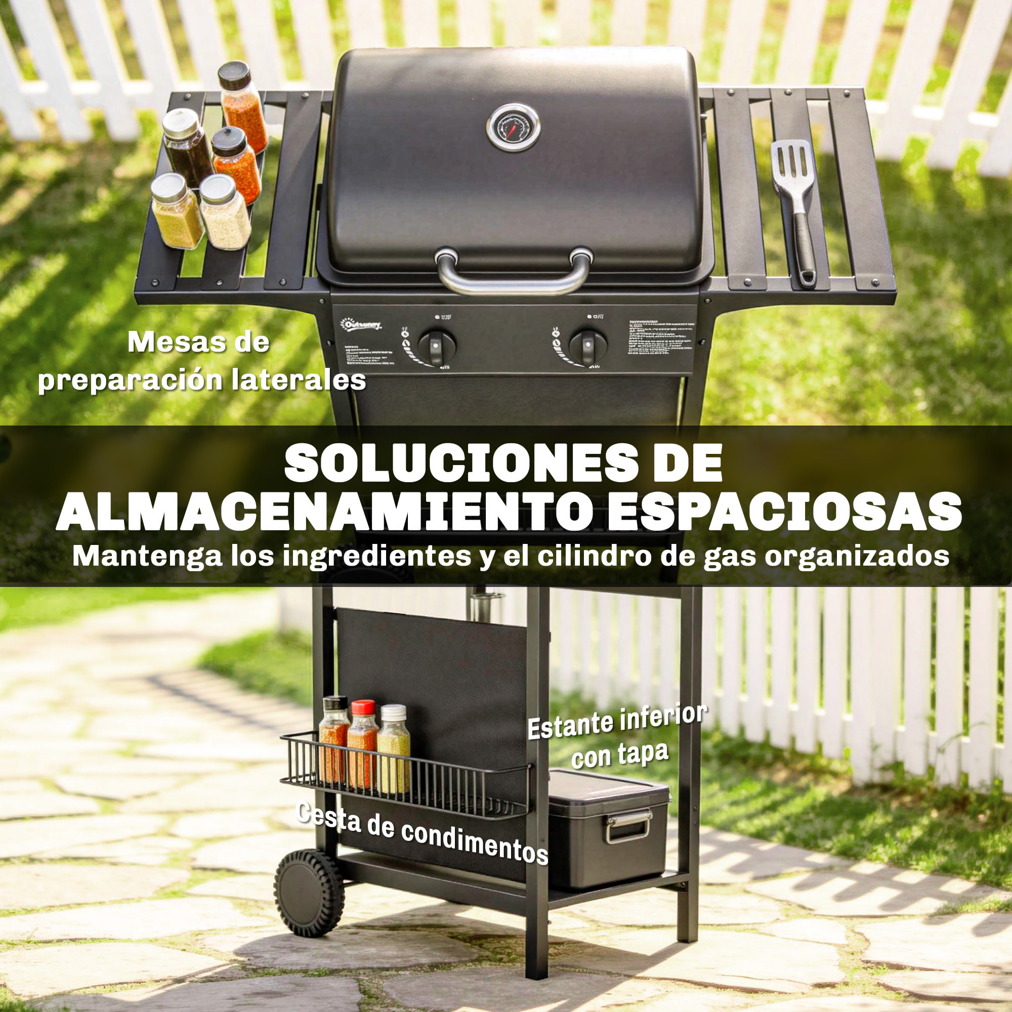 Barbacoa de Gas BBQ Gas con 2 Quemadores 5 kW, Barbacoa Portátil con Termómetro, Mesas Laterales, Estante, Rejilla Calentadora, Encendido Piezoeléctrico, Bandeja de Grasa y 2 Ruedas, Negro