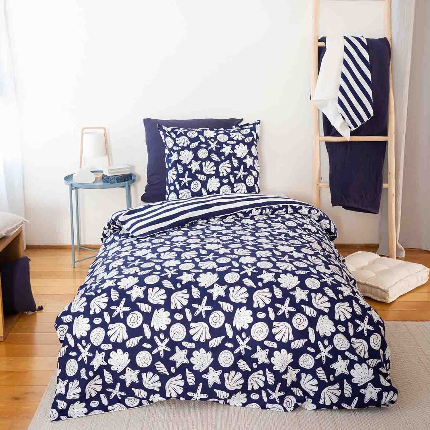 Parure housse de couette imprimé 100% coton - capri - bleu marine