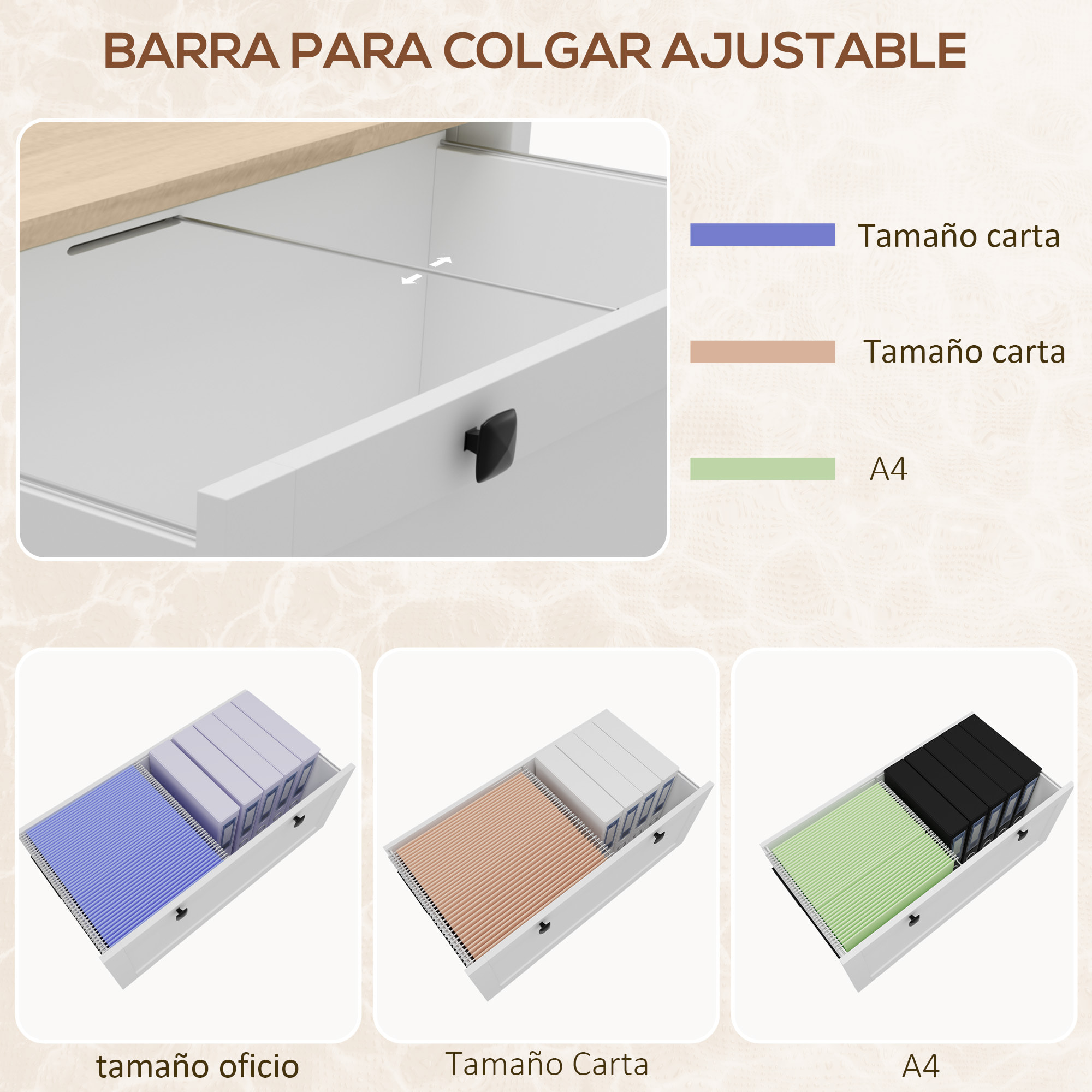 Cajonera de Oficina Mueble Archivador con 2 Cajones 2 Barras Colgantes Cerradura y 2 Llaves para Tamaño A4 para Estudio Salón 79x40x72 cm Blanco y Roble