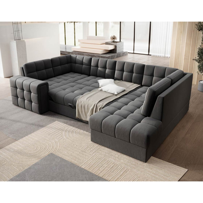 Nappa - Canapé panoramique d'angle gauche 7 places convertible avec coffre en velours - Gris