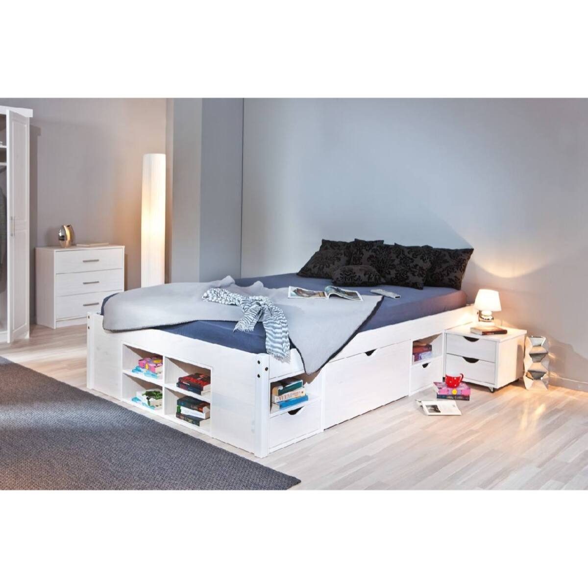 Letto matrimoniale con vani contenitore e comodino incluso con ruote, colore bianco, cm 186.5 x 47,5 x 209