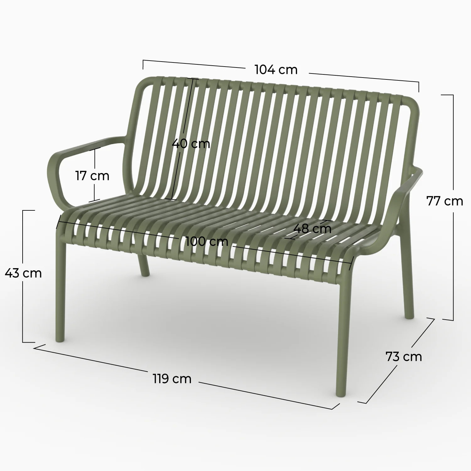 Banquette de jardin en plastique vert kaki 2 places - Ivy