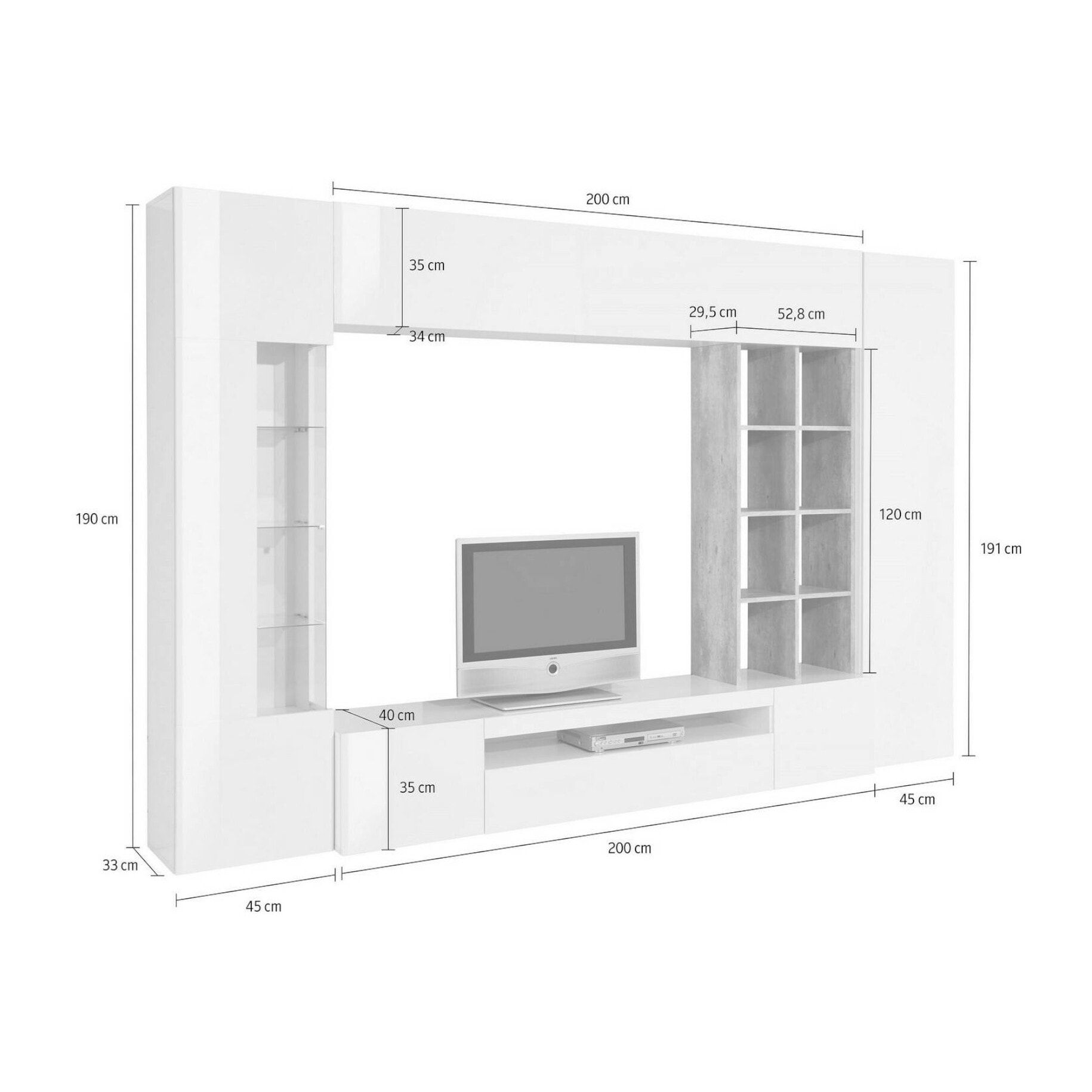 Parete attrezzata da soggiorno, Made in Italy, Base porta TV e pensili e scaffali, Set salotto moderno, cm 290x40h192, colore Bianco lucido e Cemento