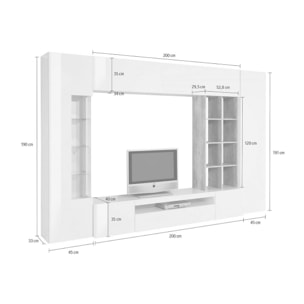 Parete attrezzata da soggiorno, Made in Italy, Base porta TV e pensili e scaffali, Set salotto moderno, cm 290x40h192, colore Bianco lucido e Cemento