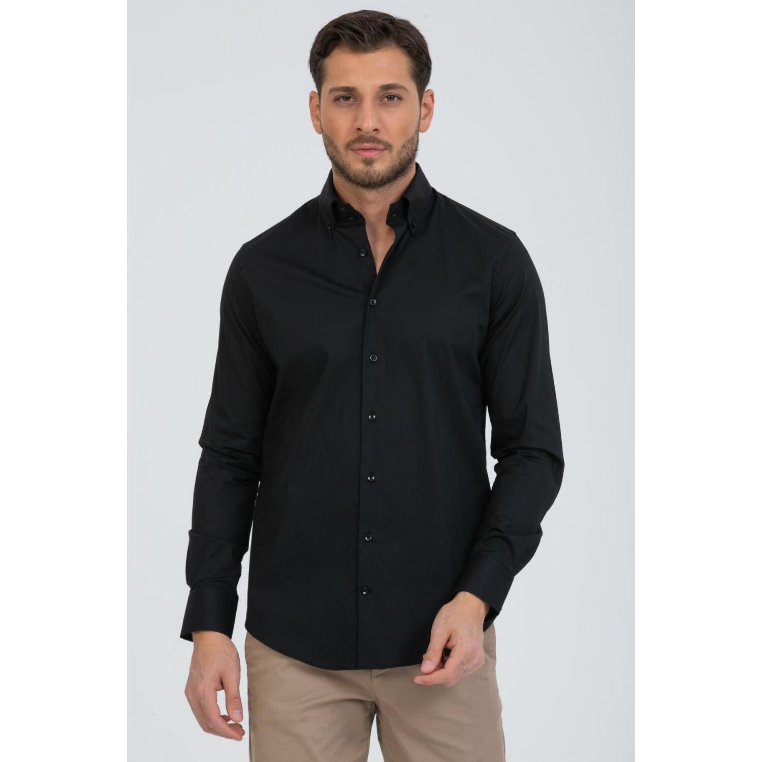 Camicia Uomo 2 Bottoni Button Down Slim Popeline Stretch Unito Nero