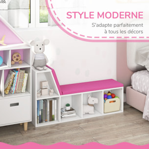 Bibliothèque banc 2 en 1 design contemporain 5 casiers 2 coussins fournis 108L x 30l x 60H cm blanc rose