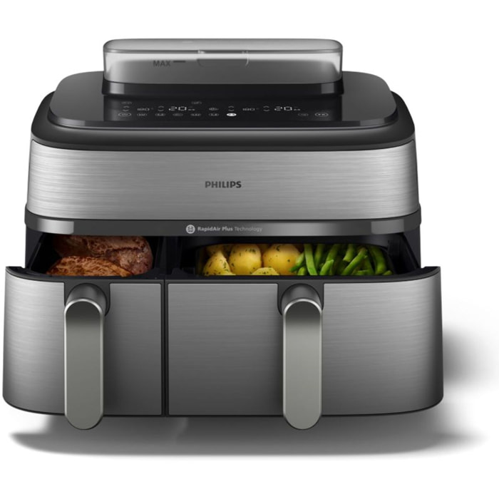 Airfryer PHILIPS NA555/00 friteuse sans huile double panier + vapeur Métal, Série 5000 9L (3+6L)