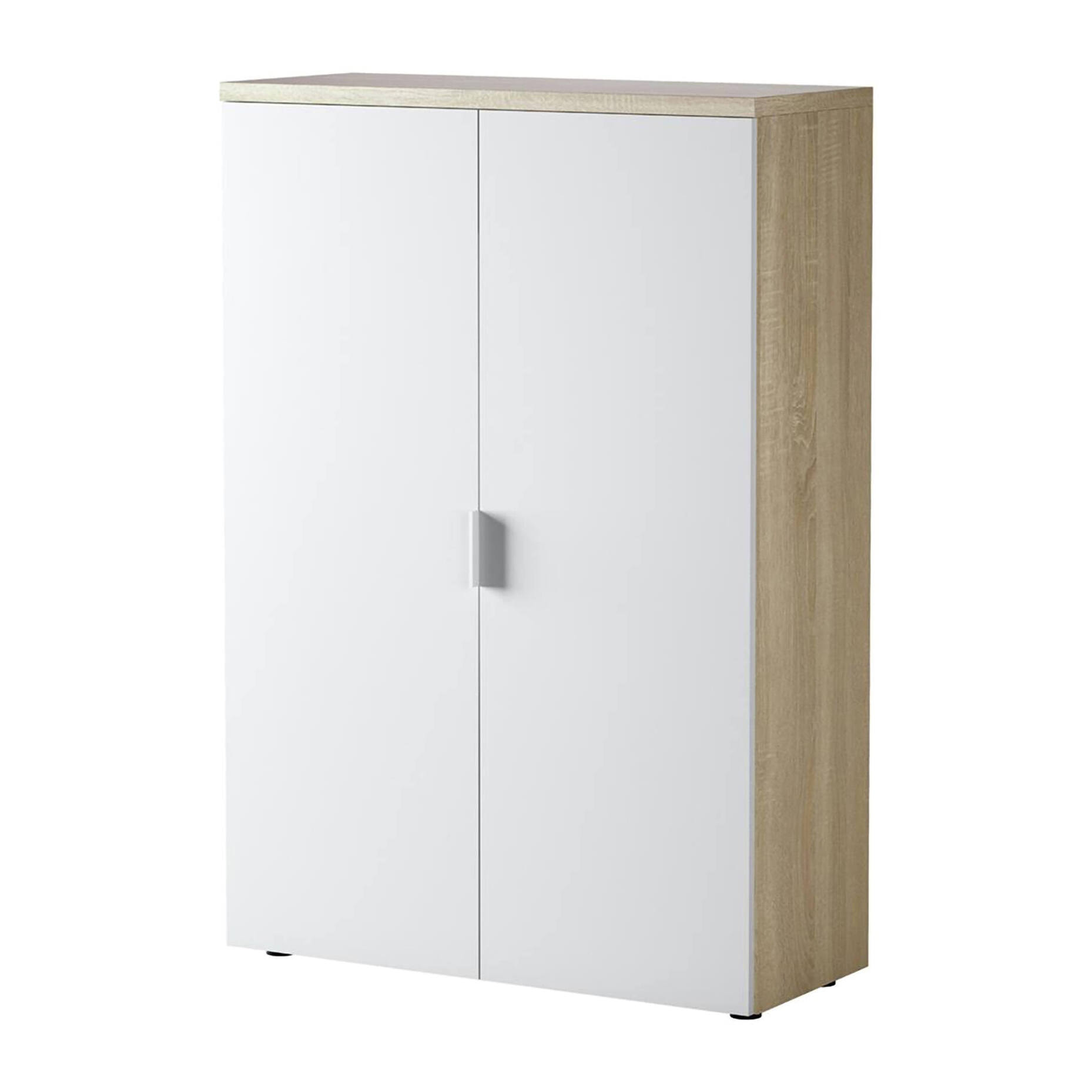 Armadio multiuso Plano, Mobile multiuso a 2 ante, Armadio portascarpe con 3 ripiani, Scarpiera moderna, cm 80x33h119, Rovere e Bianco