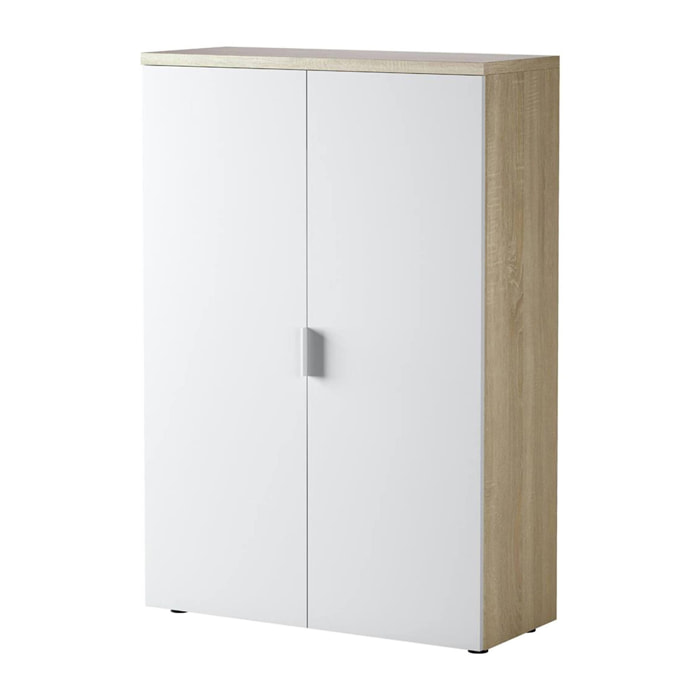 Armadio multiuso Plano, Mobile multiuso a 2 ante, Armadio portascarpe con 3 ripiani, Scarpiera moderna, cm 80x33h119, Rovere e Bianco