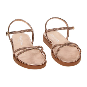 Sandalias bajas rosa-oro en laminado con piedras