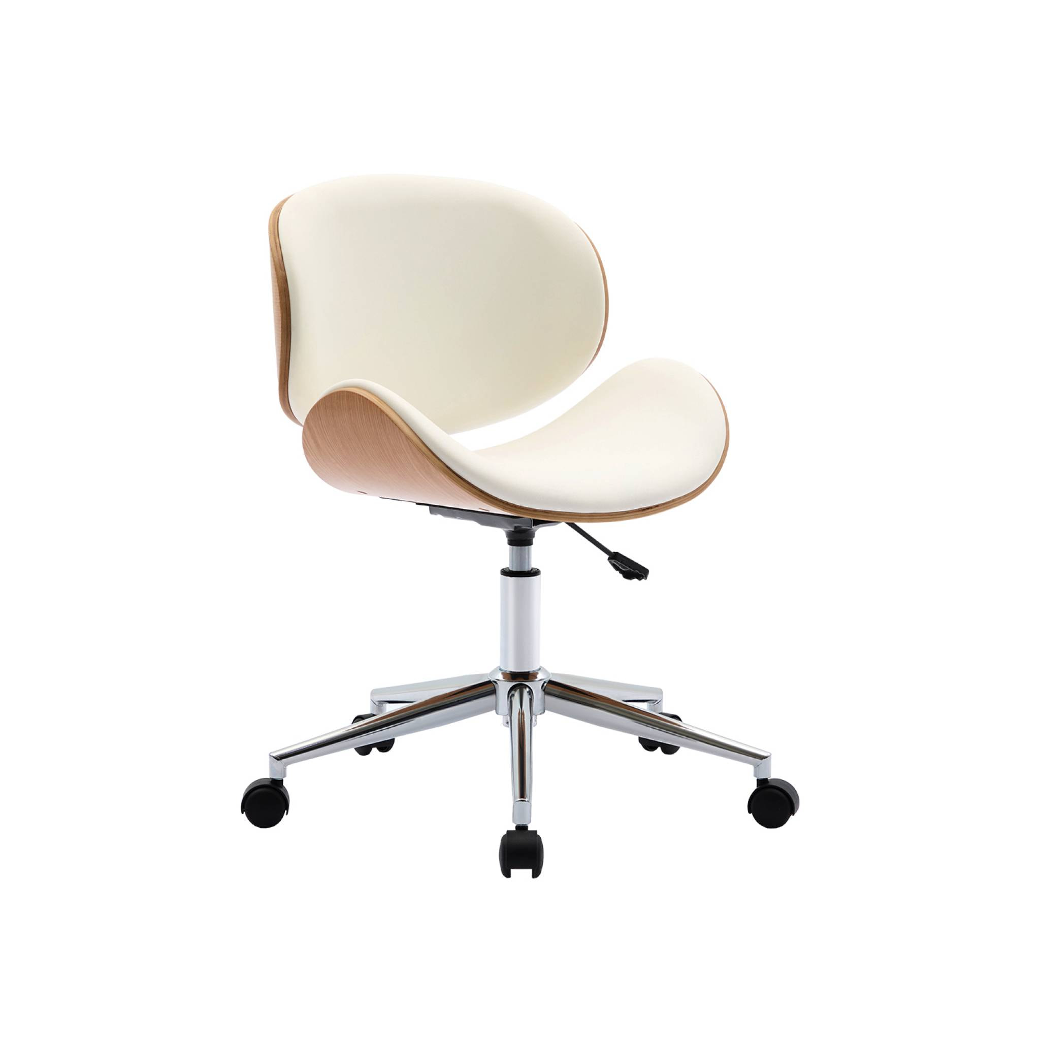 Chaise de bureau à roulettes bois courbé avec placage effet chêne et assise blanche
