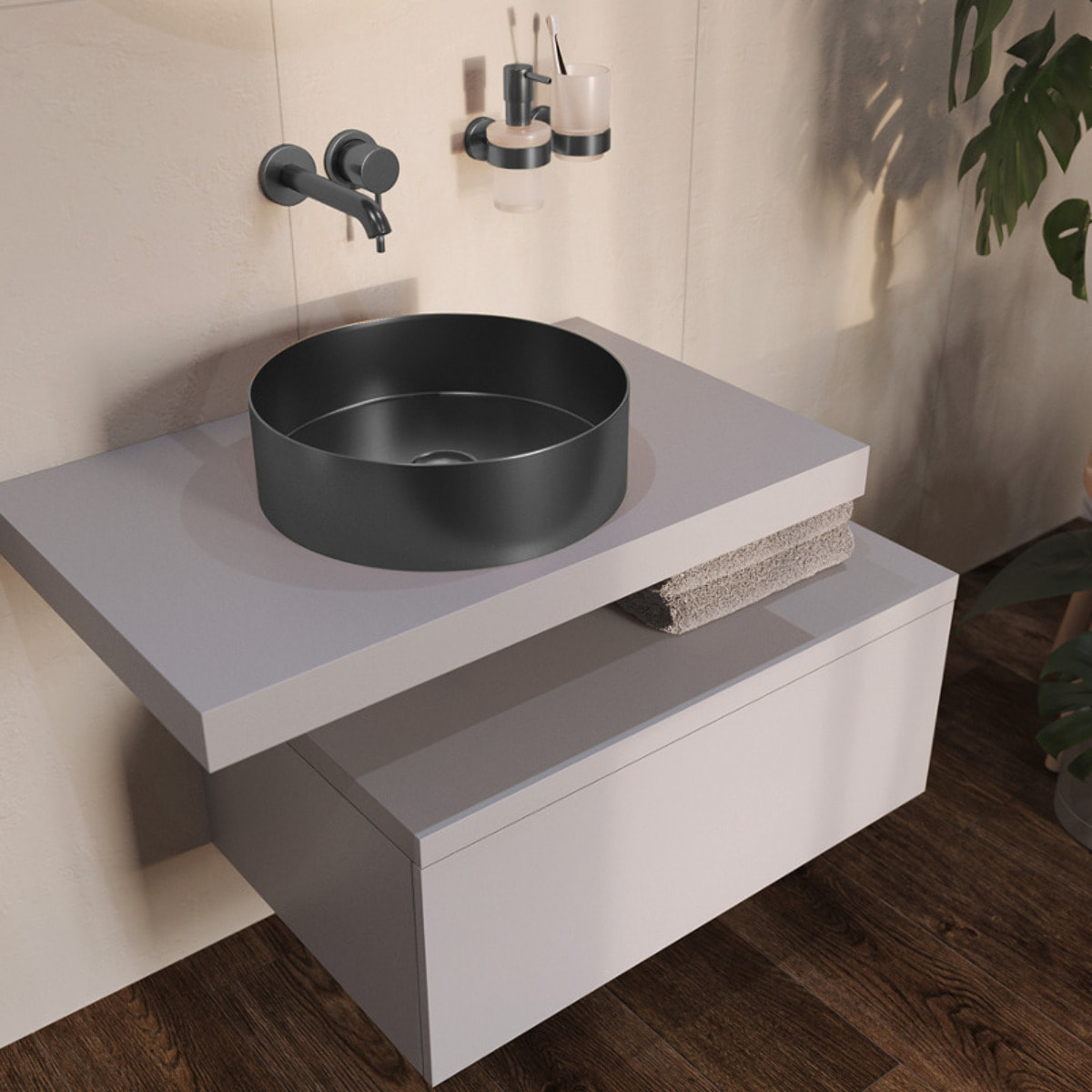 Vasque à poser 38 x 38 x 11 cm Aurum gun métal noir brossé en acier inoxydable avec bonde sans trop-plein (SATAUR3838BGM)