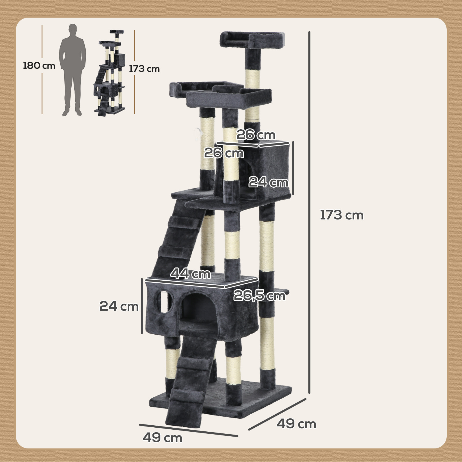 Árbol Rascador para Gatos Grande 49x49x173 cm con Múltiples Niveles con Cuevas Escaleras Juguetes Colgantes Camas Centro Actividades Sisal Beige