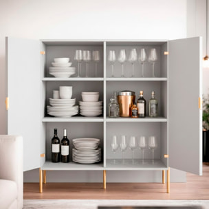 Credenza Mobile Contenitore 2 Ante Cannettate E Piedini Oro Madia Moderna con Ripiani Interni E Chiusura Soft Close 103.6 x 124 x 39.6 Cm Grigio