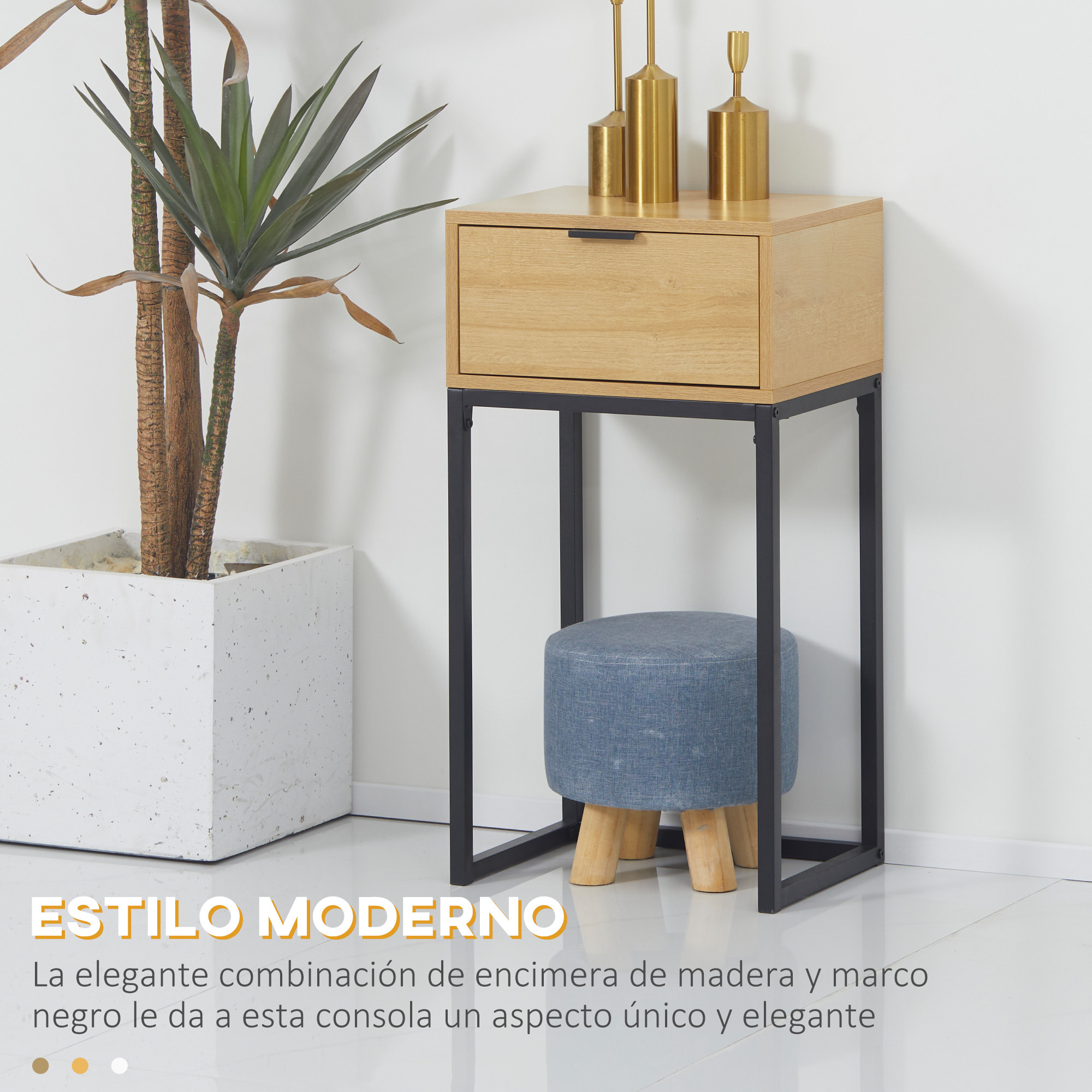 Mesa Consola con Cajón Consola Auxiliar Moderna Mesa de Entrada con Patas de Acero para Pasillo Salón Dormitorio 40x30x76 cm Natural