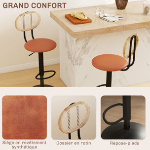 Lot de 2 tabourets de bar – Dossier en rotin – Réglables