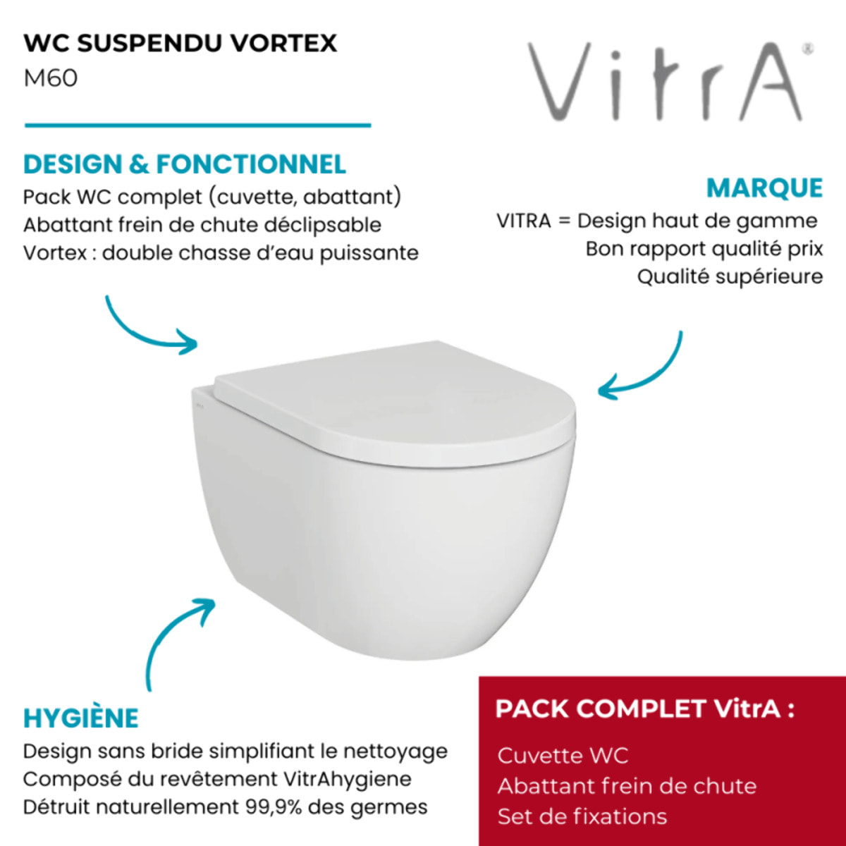 Cuvette WC suspendu sans bride M60 Vortexflush blanc avec abattant frein de chute