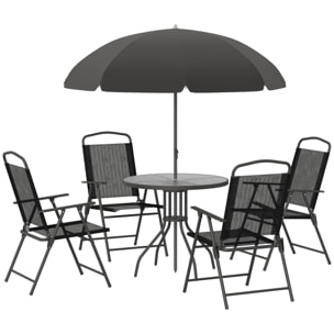 Ensemble salon de jardin 6 pcs - table ronde + 4 chaises pliables + parasol - acier époxy café textilène polyester noir