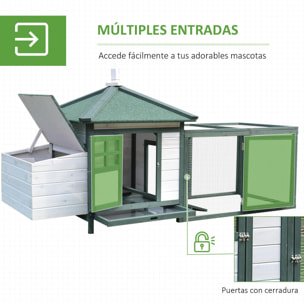 PawHut Gallinero de Madera de Pino Refugio Jaula para Gallinas Pollos Exterior con Caja Nido Bandeja Extraíble y Espacio para Correr 196x76x97 cm Verde y Blanco