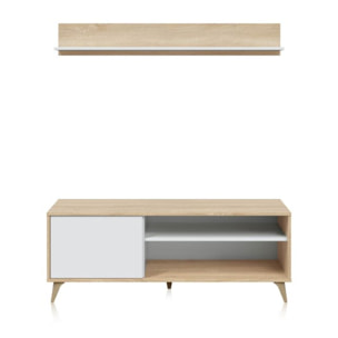 Mueble TV con estante Kikua Plus Blanco Artik (Blanco Mate) - Roble Canadian