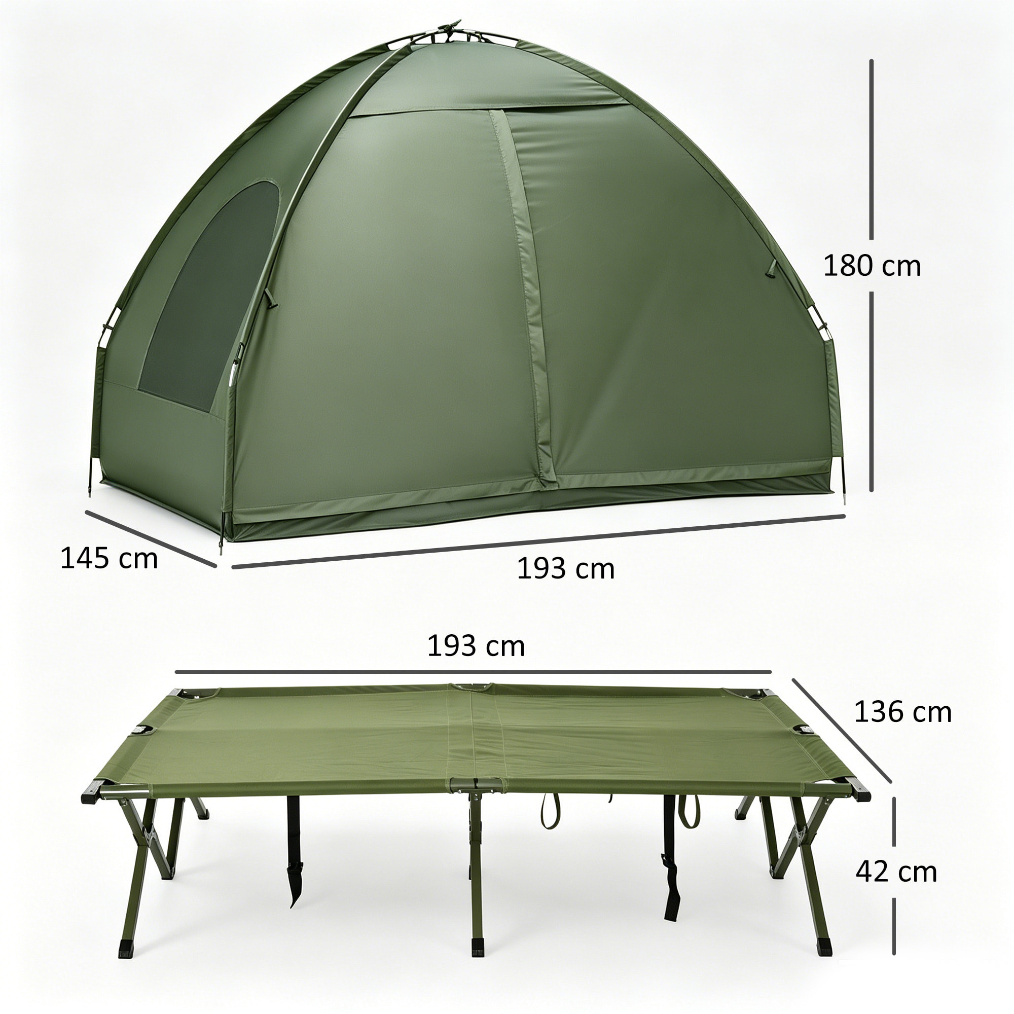 Outsunny Tienda de Campaña con Cama Doble Plegable 4 en 1 Cama de Campamento Elevada con Colchón Hinchable y Bolsa de Transporte de Tela Oxford 600D Acero 193x145x180 cm Verde