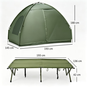 Outsunny Tienda de Campaña con Cama Doble Plegable 4 en 1 Cama de Campamento Elevada con Colchón Hinchable y Bolsa de Transporte de Tela Oxford 600D Acero 193x145x180 cm Verde