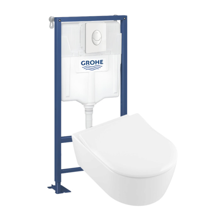Pack WC suspendu sans bride Avento + abattant + bâti-support autoportant + plaque blanche