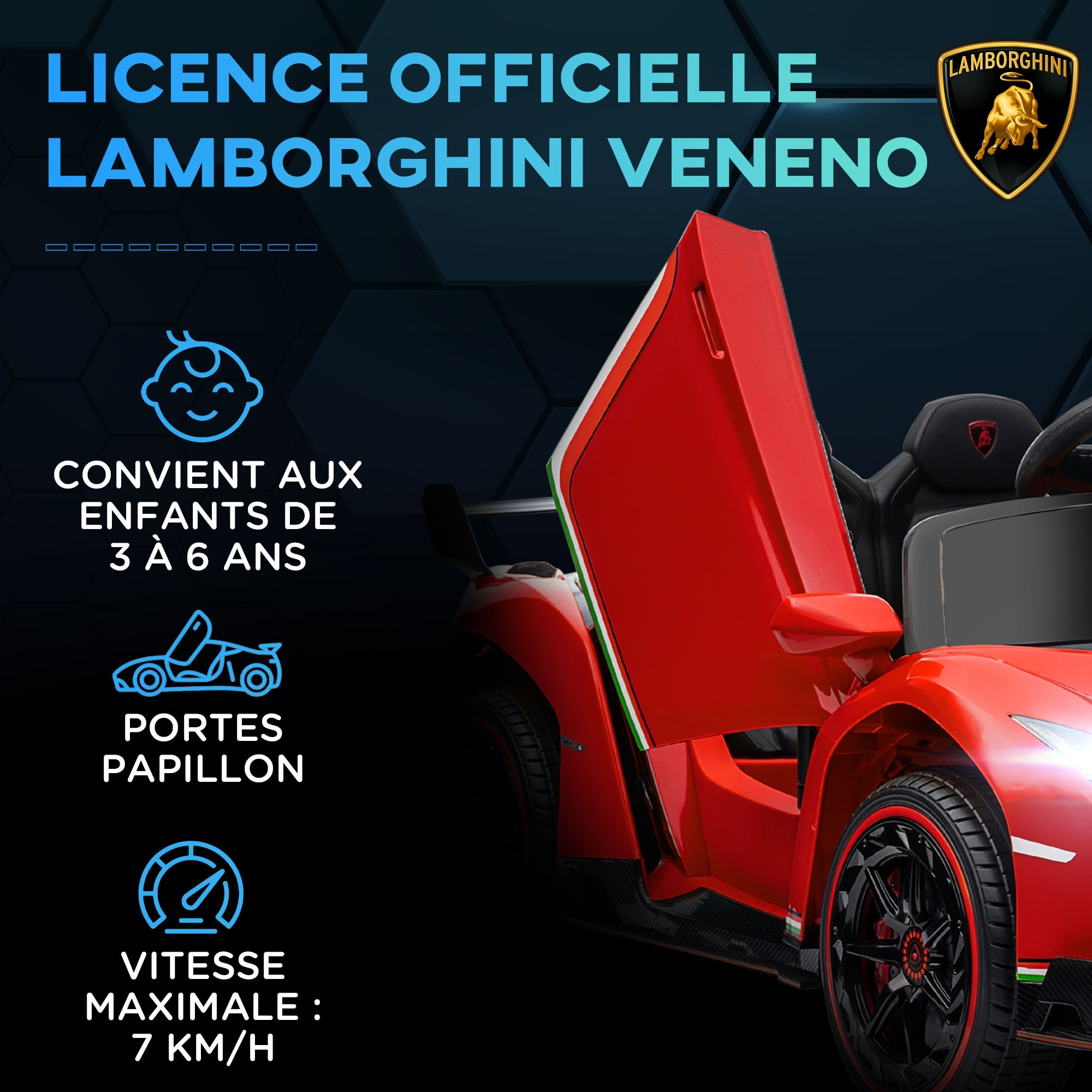 Voiture électrique enfant licence Lamborghini Veneno V. max. 7 Km/h télécommande ouverture portes MP3 USB effets sonores lumineux rouge