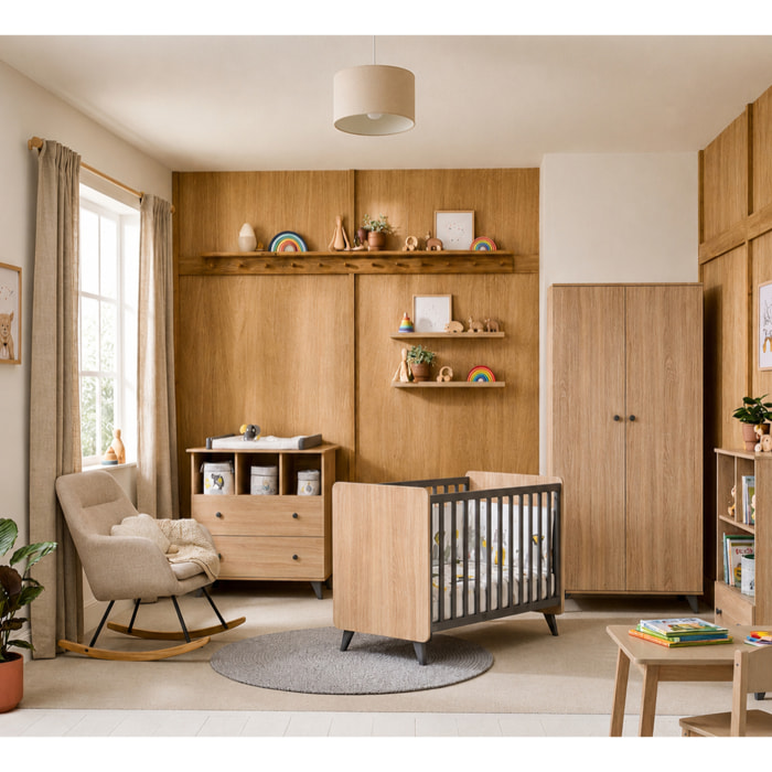Chambre bébé trio: Lit bébé 60x120, Commode à langer 2 tiroirs et armoire 2 portes décor bois chêne