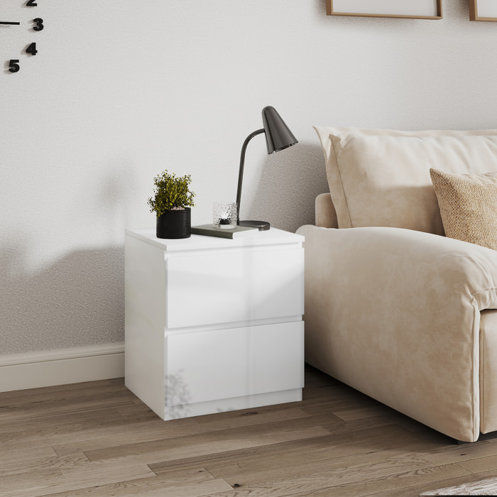 Mesita de Noche Moderna Mesilla de Noche con 2 Cajones Mesa de Noche para Dormitorio Salón 40x34x45 cm Blanco Brillo
