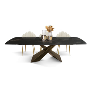 Tavolo FIGARI in vetroceramica matt golden nero con gambe a X in metallo bronzo, allungabile 160x90 cm - 240x90 cm
